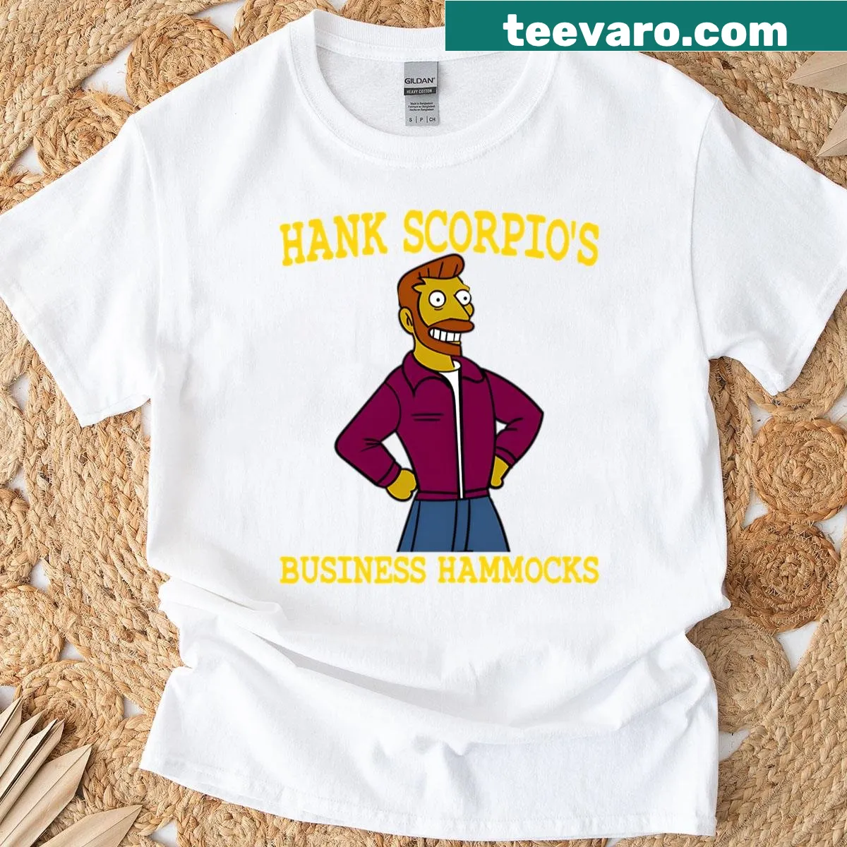 T-shirt with 'Hank Scorpio's Business Hammocks' text design — on a men's t-shirt