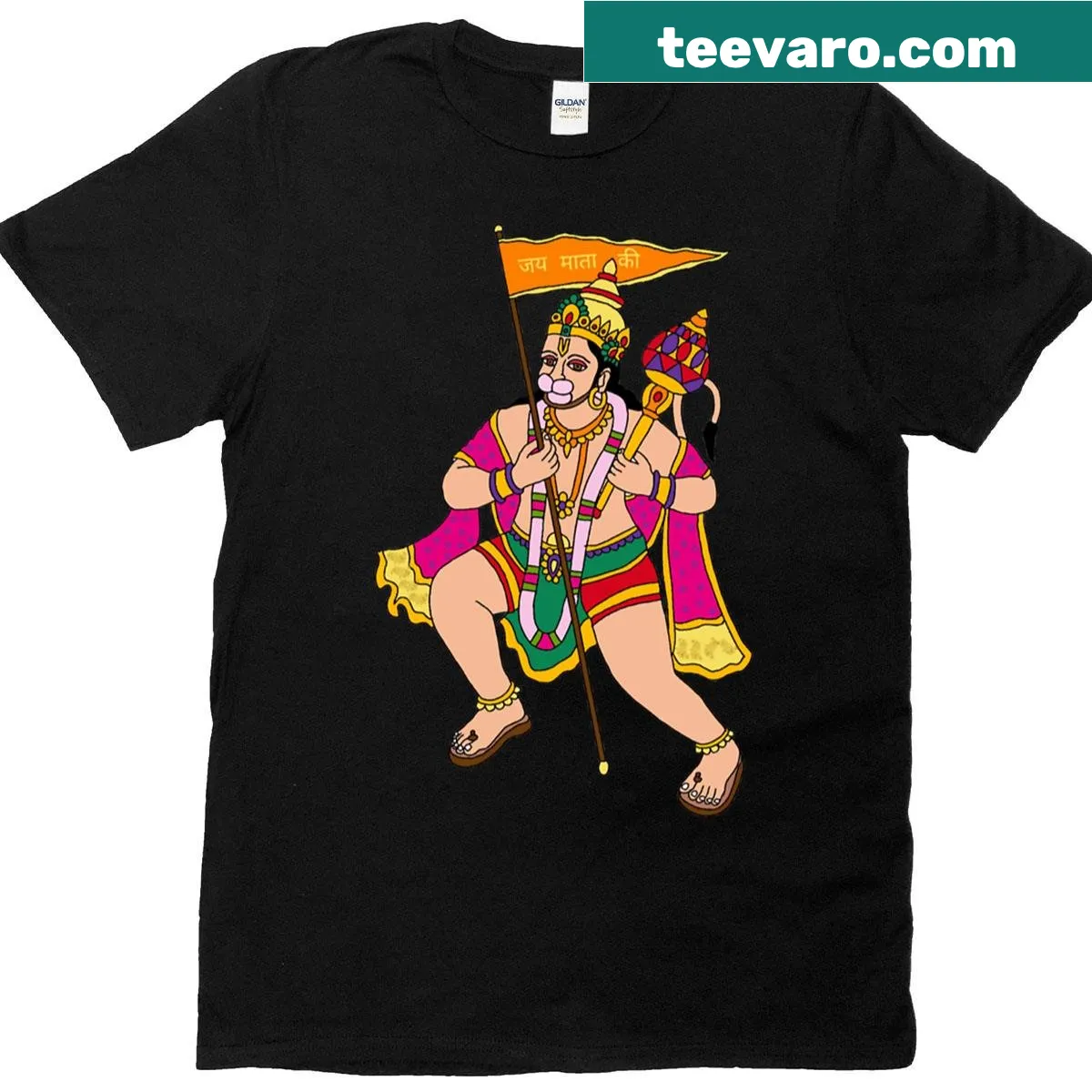 Artwork of Lord Hanuman with victory flag on T-shirt — on a men's t-shirt