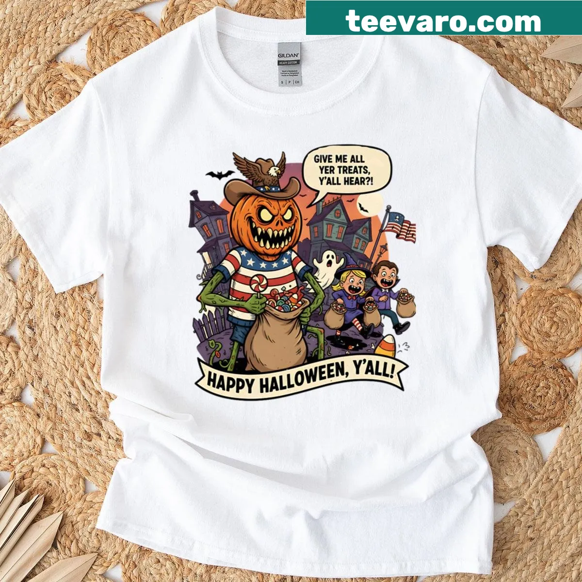 Kids' t-shirt with happy pumpkin cowboy design for Halloween — on a men's t-shirt