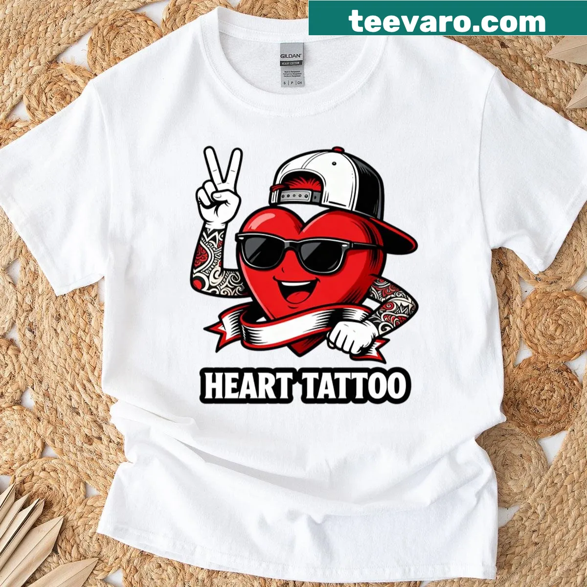 Illustrated heart tattoo design on T-shirt — on a men's t-shirt