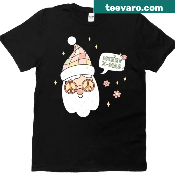 Hippie Santa illustration on a Merry Christmas T-shirt.