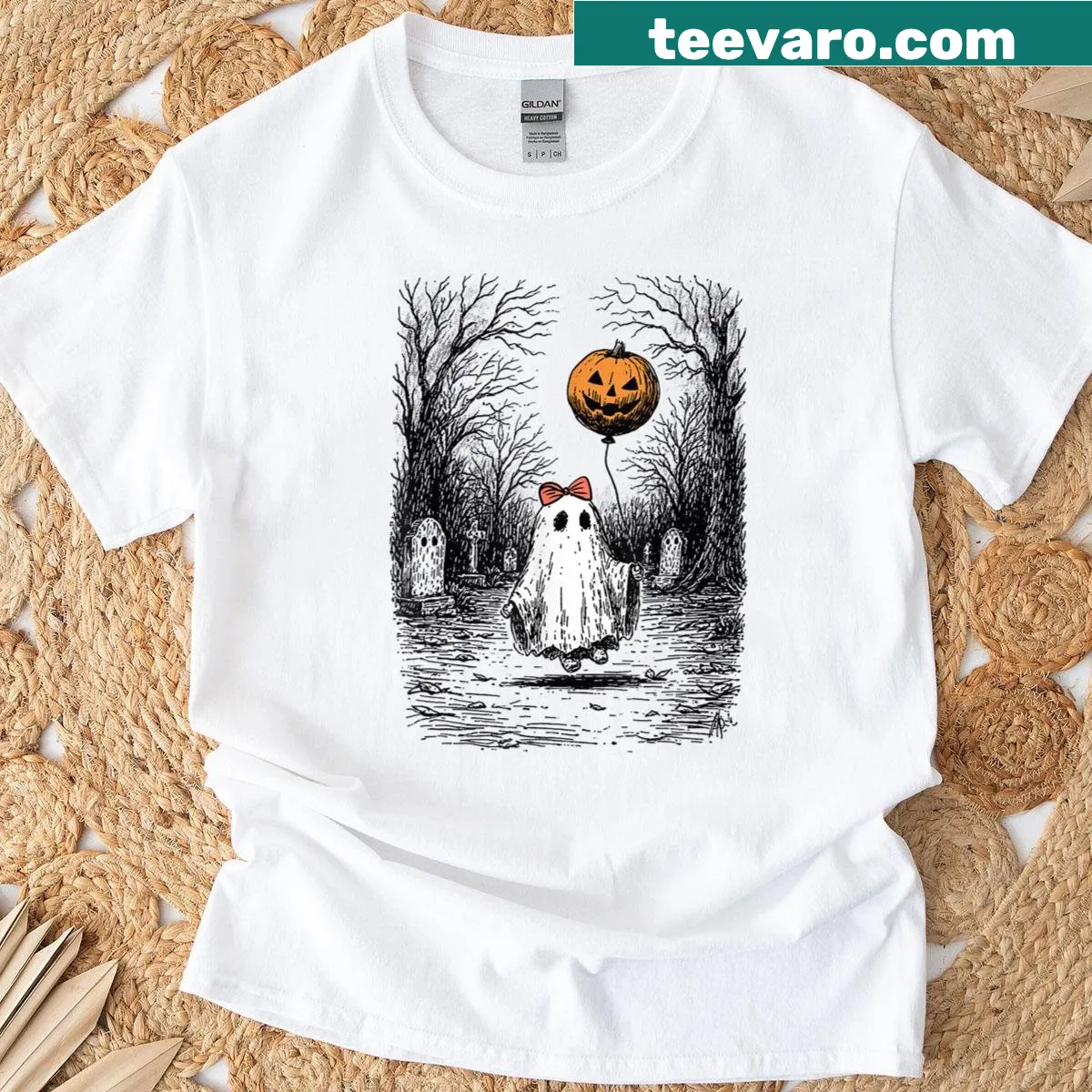 Halloween-themed t-shirt with ghosts and pumpkins — on a men's t-shirt