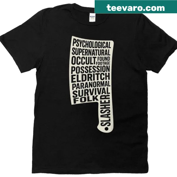 Horror movie convention-themed t-shirt with fun typography
