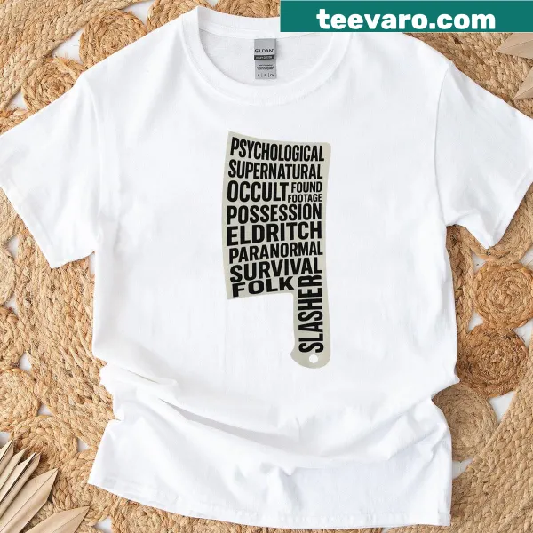 Graphic tee celebrating horror movie conventions with bold text.