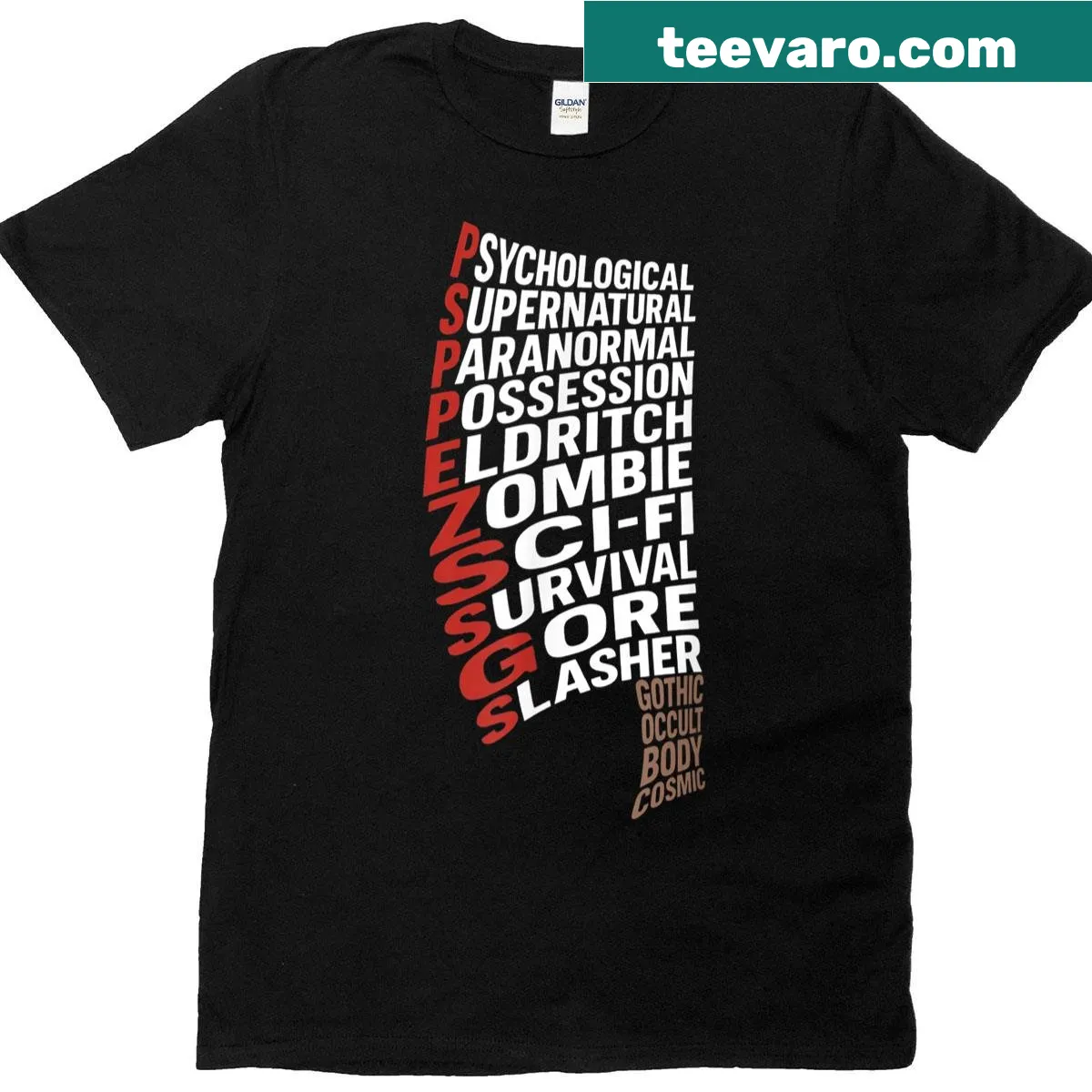 T-shirt with a playful graphic representing different horror movie genres — on a men's t-shirt