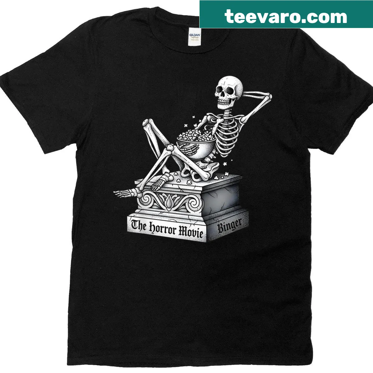 T-shirt featuring a skeleton enjoying popcorn while watching horror movies — on a men's t-shirt