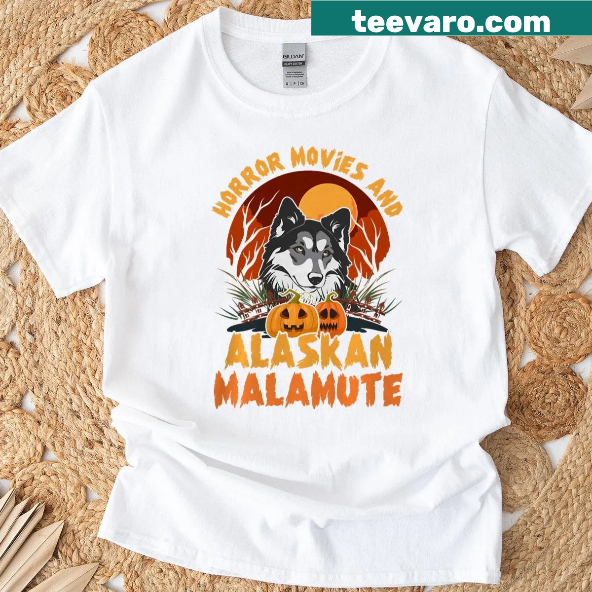 T-shirt featuring horror movie graphics and an Alaskan Malamute — on a men's t-shirt