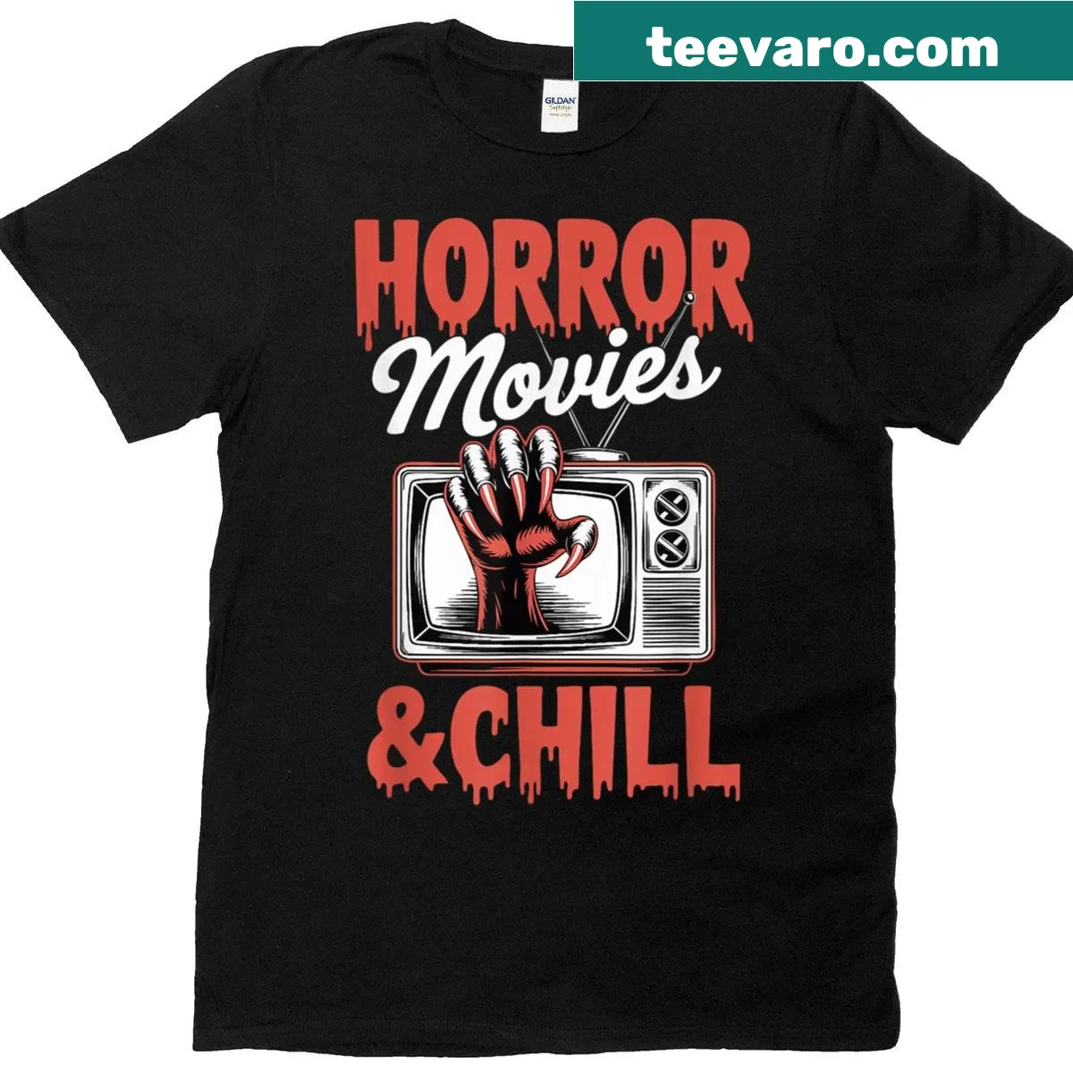 T-shirt with 'Horror Movies And Chill' slogan for movie nights — on a men's t-shirt