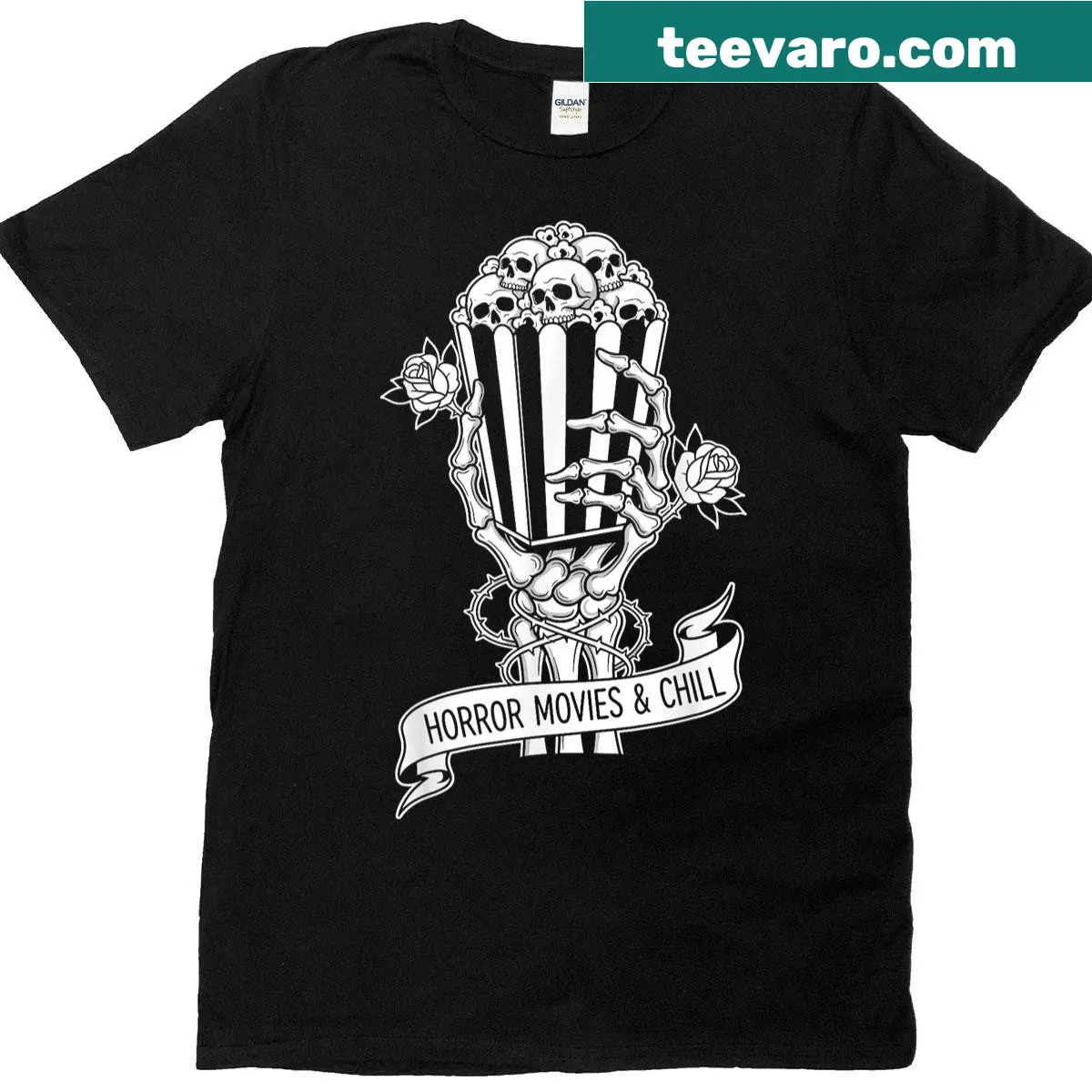 Funny Halloween t-shirt with skeleton and popcorn graphic — on a men's t-shirt