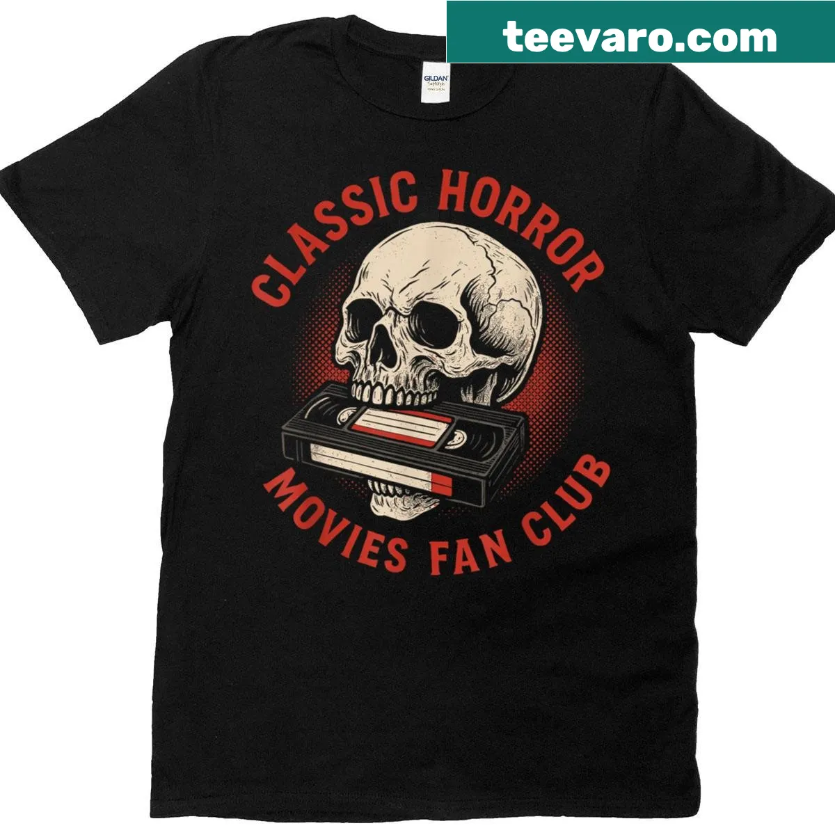 Vintage-style t-shirt featuring a skull and home video tape graphic — on a men's t-shirt