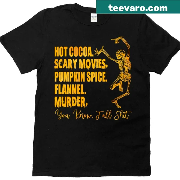Funny Halloween t-shirt with hot cocoa and scary movie theme
