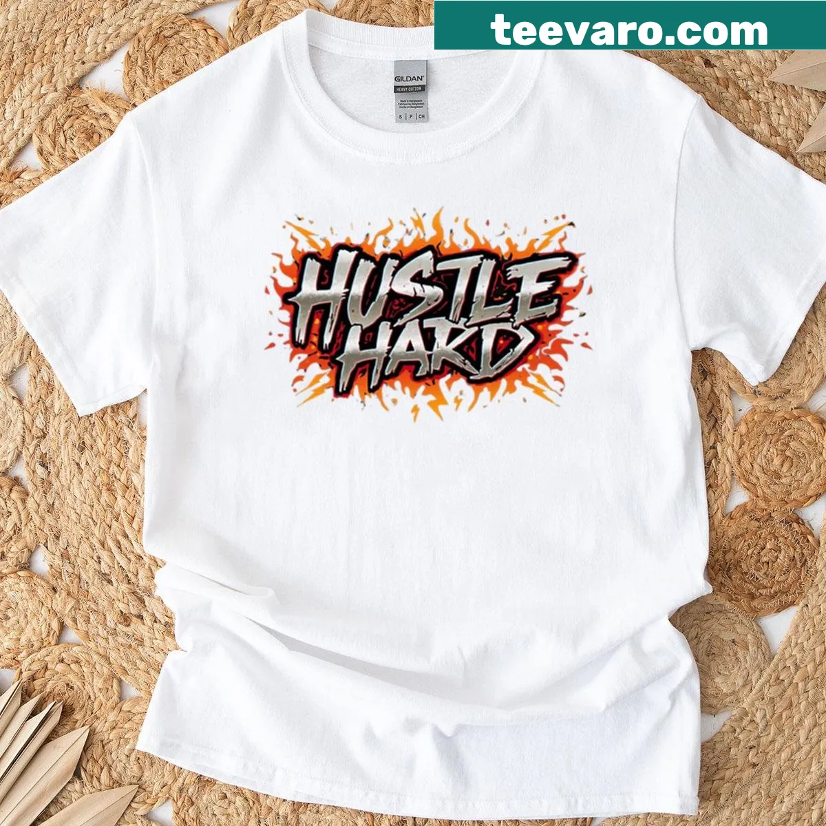 Graffiti art t-shirt with motivational quote 'Hustle Hard' — on a men's t-shirt