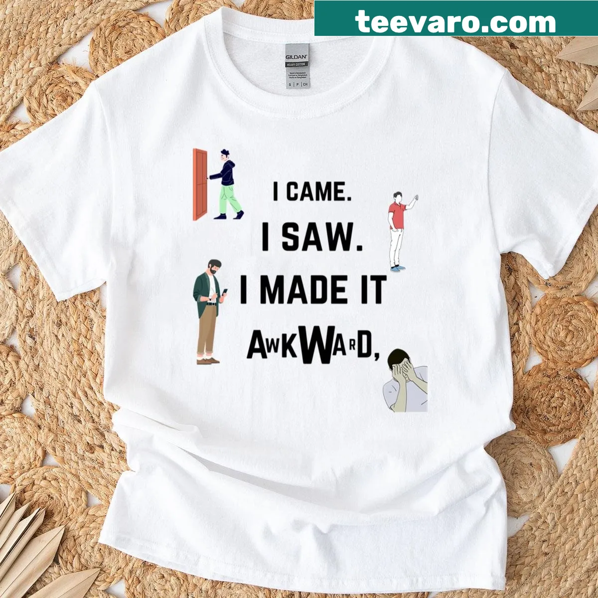 T-shirt with 'I Came I Saw I Made It Awkward' text design — on a men's t-shirt