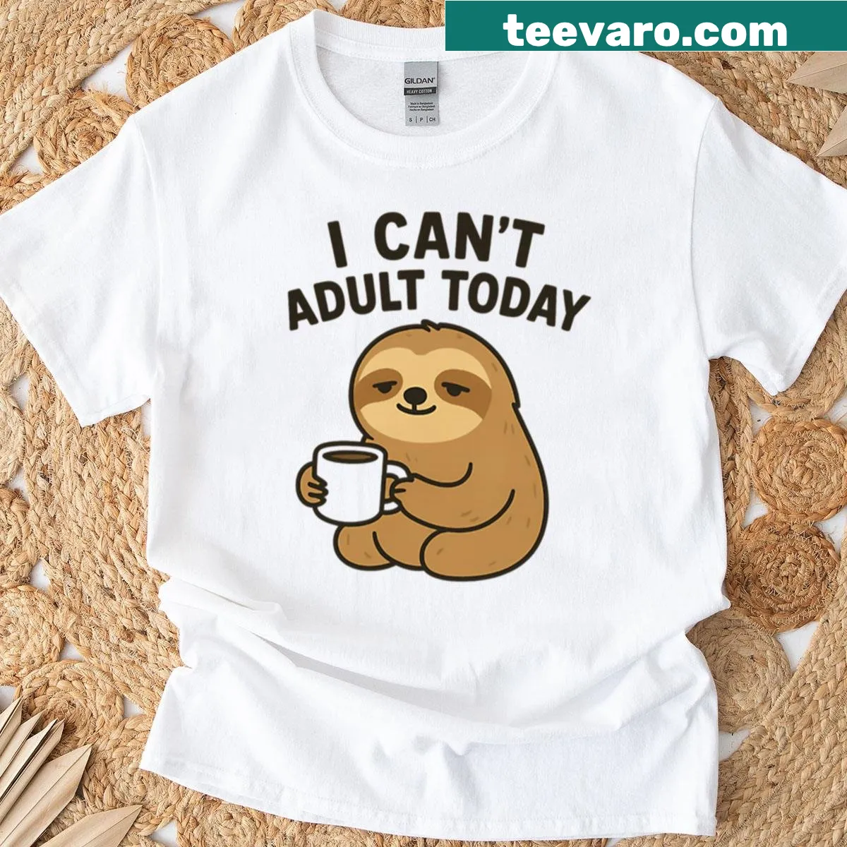 Cute sloth graphic on a coffee-themed t-shirt — on a men's t-shirt