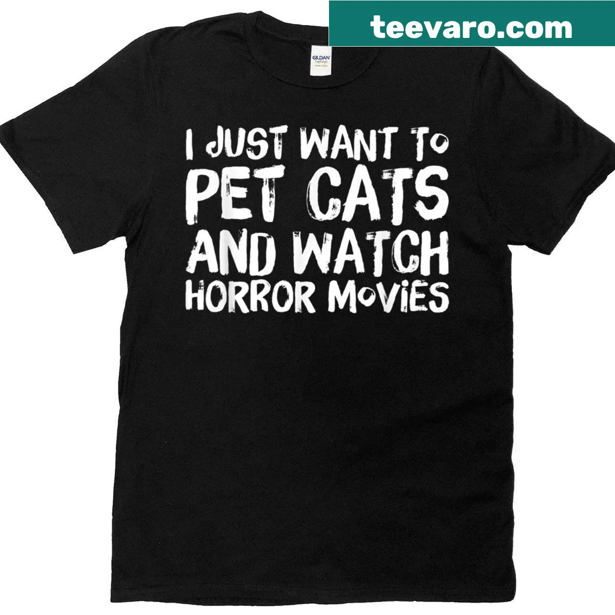 Funny Halloween t-shirt with cat and horror movie text — on a men's t-shirt