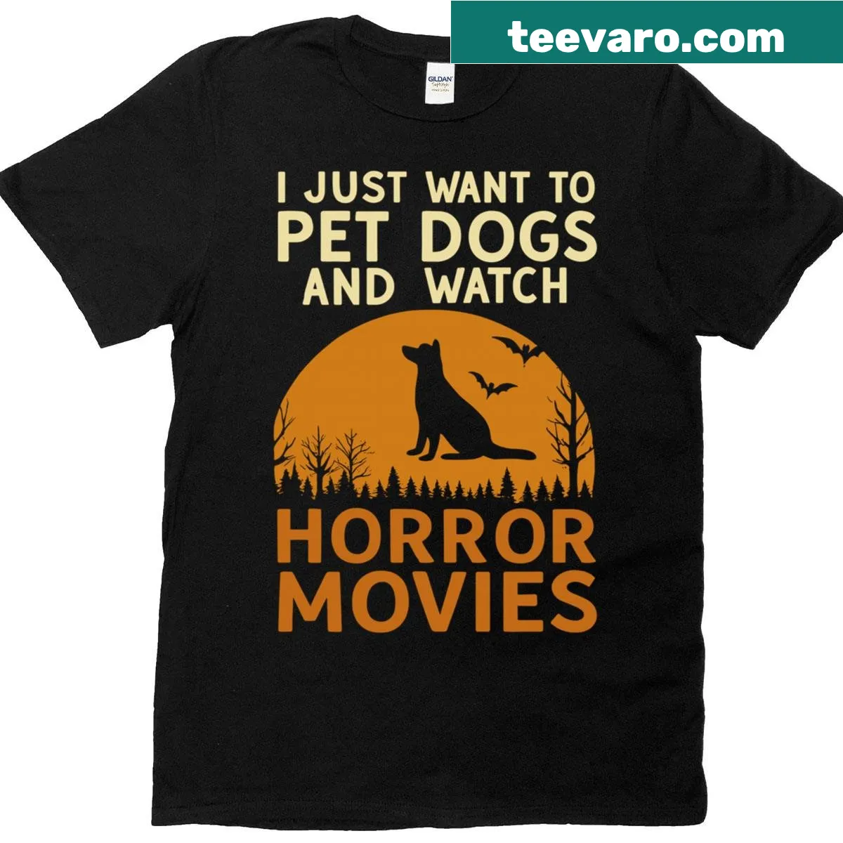 Funny dog and horror movies themed t-shirt — on a men's t-shirt