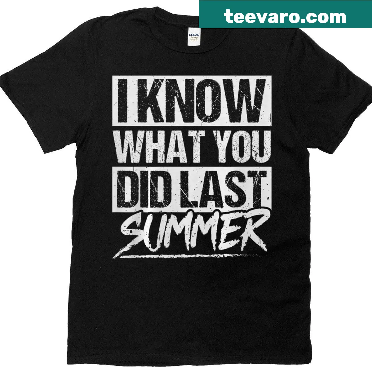 90s horror movie T-shirt featuring iconic quote — on a men's t-shirt