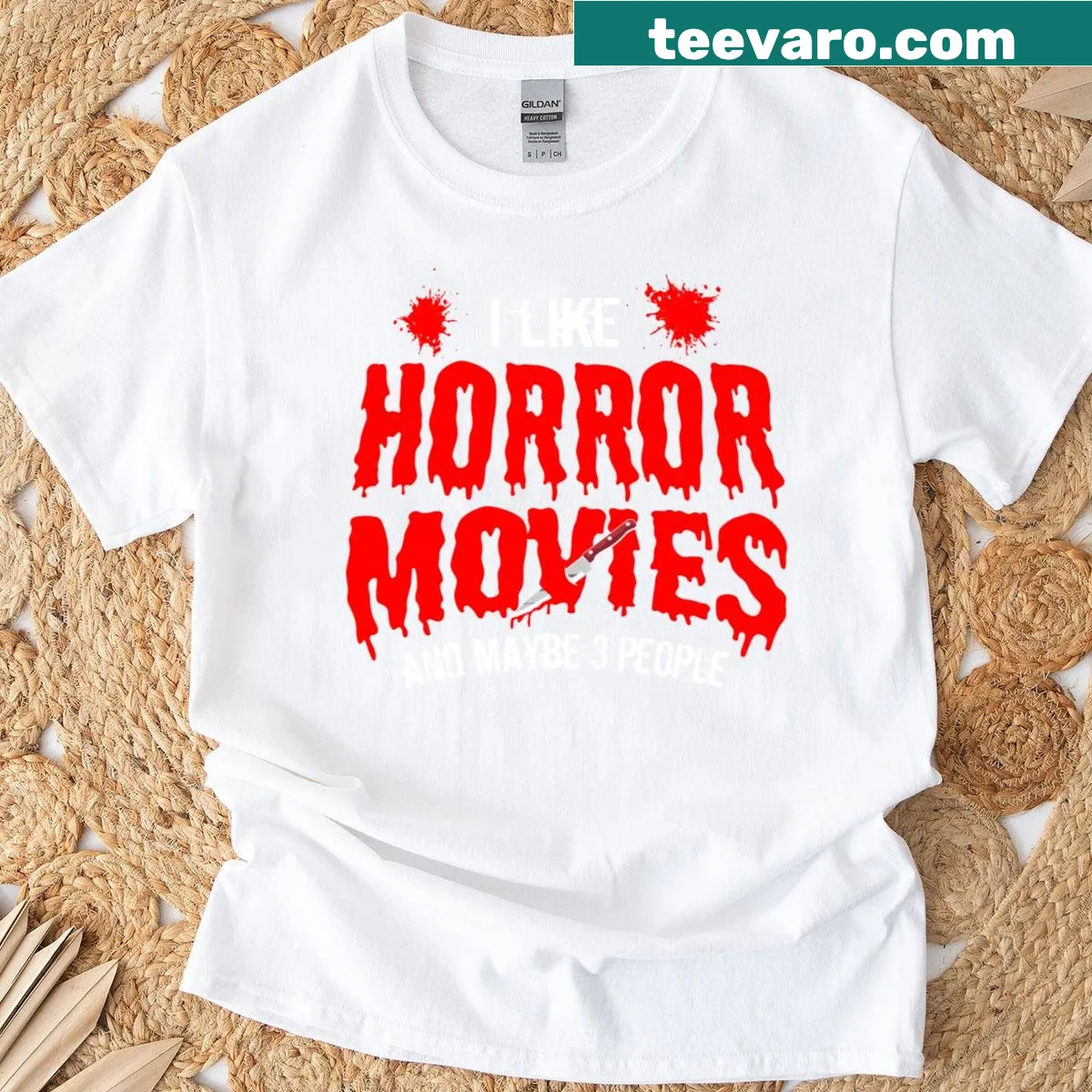 Funny t-shirt with 'I Like Horror Movies And Maybe 3 People' graphic — on a men's t-shirt