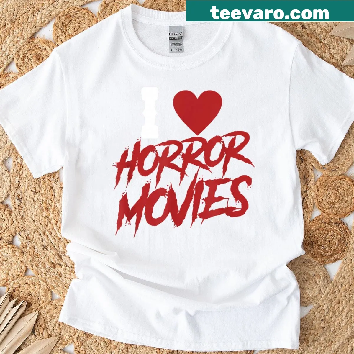 T-shirt with a humorous phrase about loving horror movies. — on a men's t-shirt