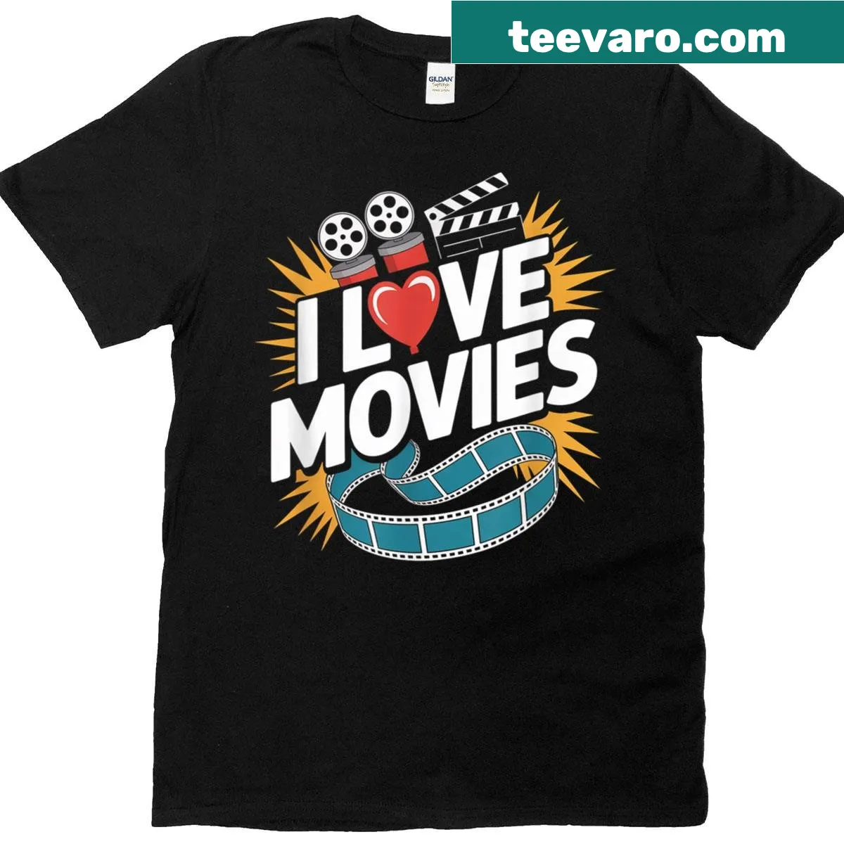 Heart-themed T-shirt celebrating the love of cinema and movies — on a men's t-shirt