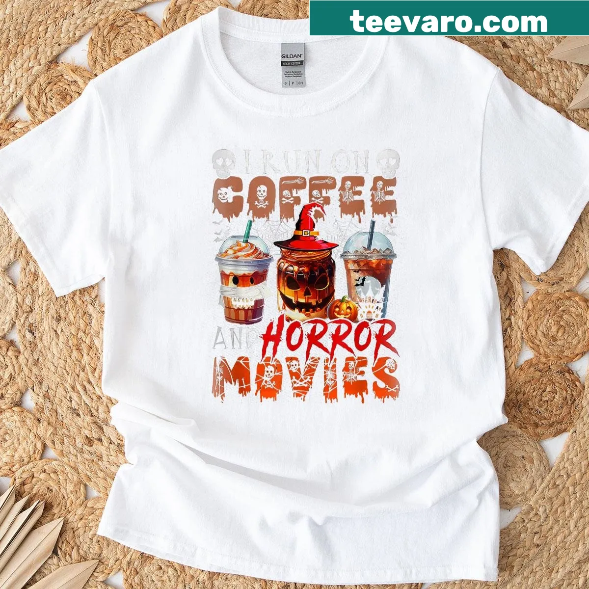 T-shirt with humorous skull design representing coffee and horror movies — on a men's t-shirt