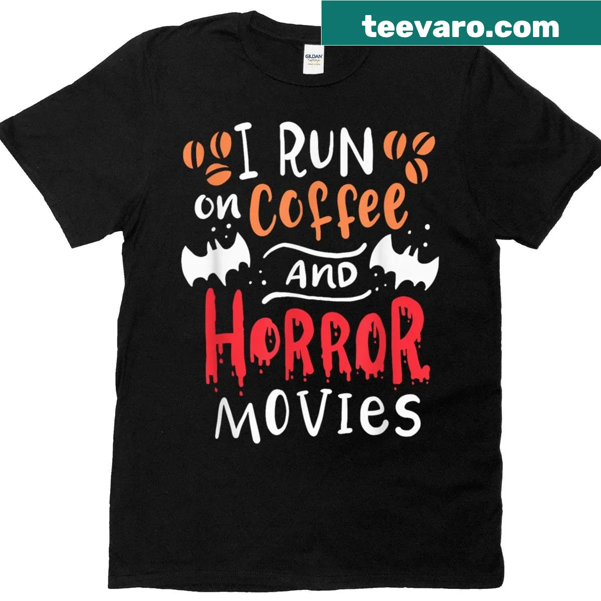 Funny Halloween t-shirt with coffee and horror movie theme text — on a men's t-shirt