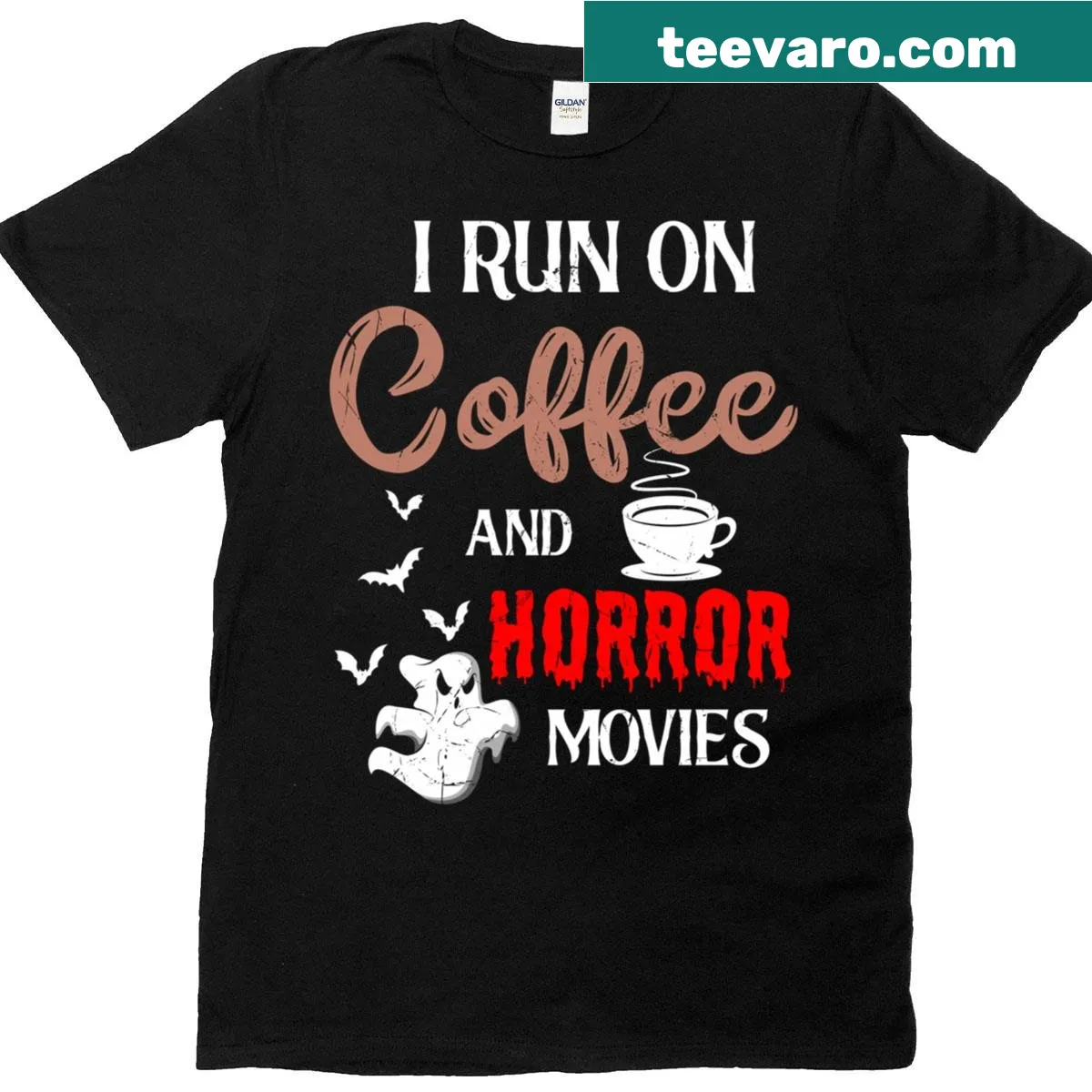 Skeleton-themed t-shirt with 'I Run On Coffee And Horror Movies' text — on a men's t-shirt