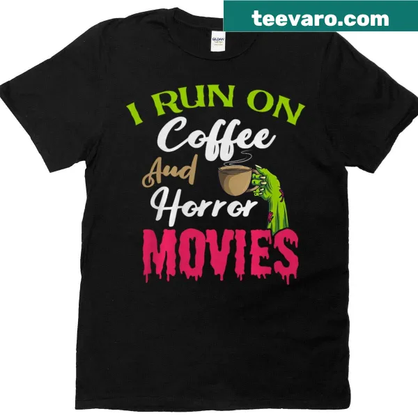 Skeleton holding coffee with horror movie theme on T-shirt