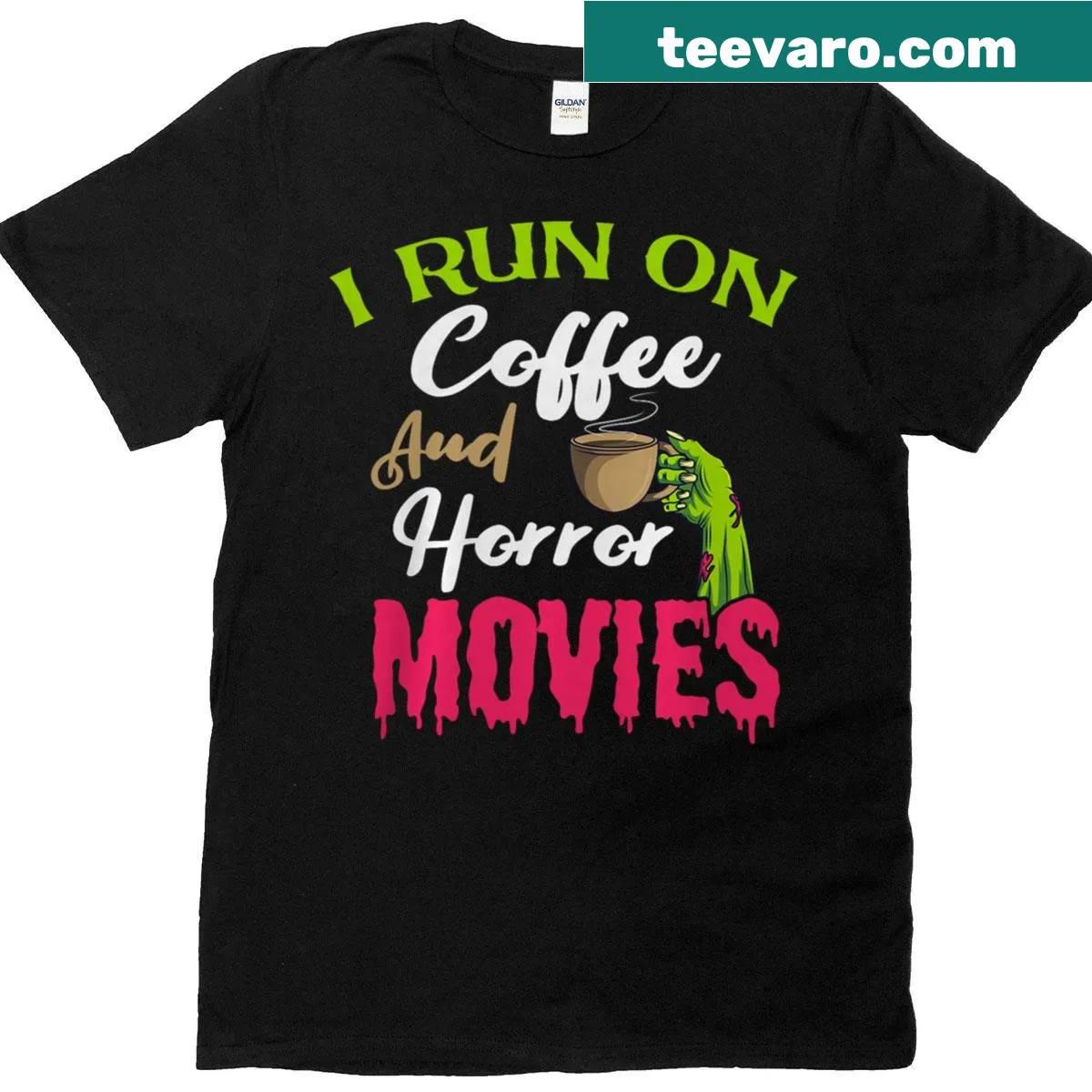 Skeleton holding coffee with horror movie theme on T-shirt — on a men's t-shirt