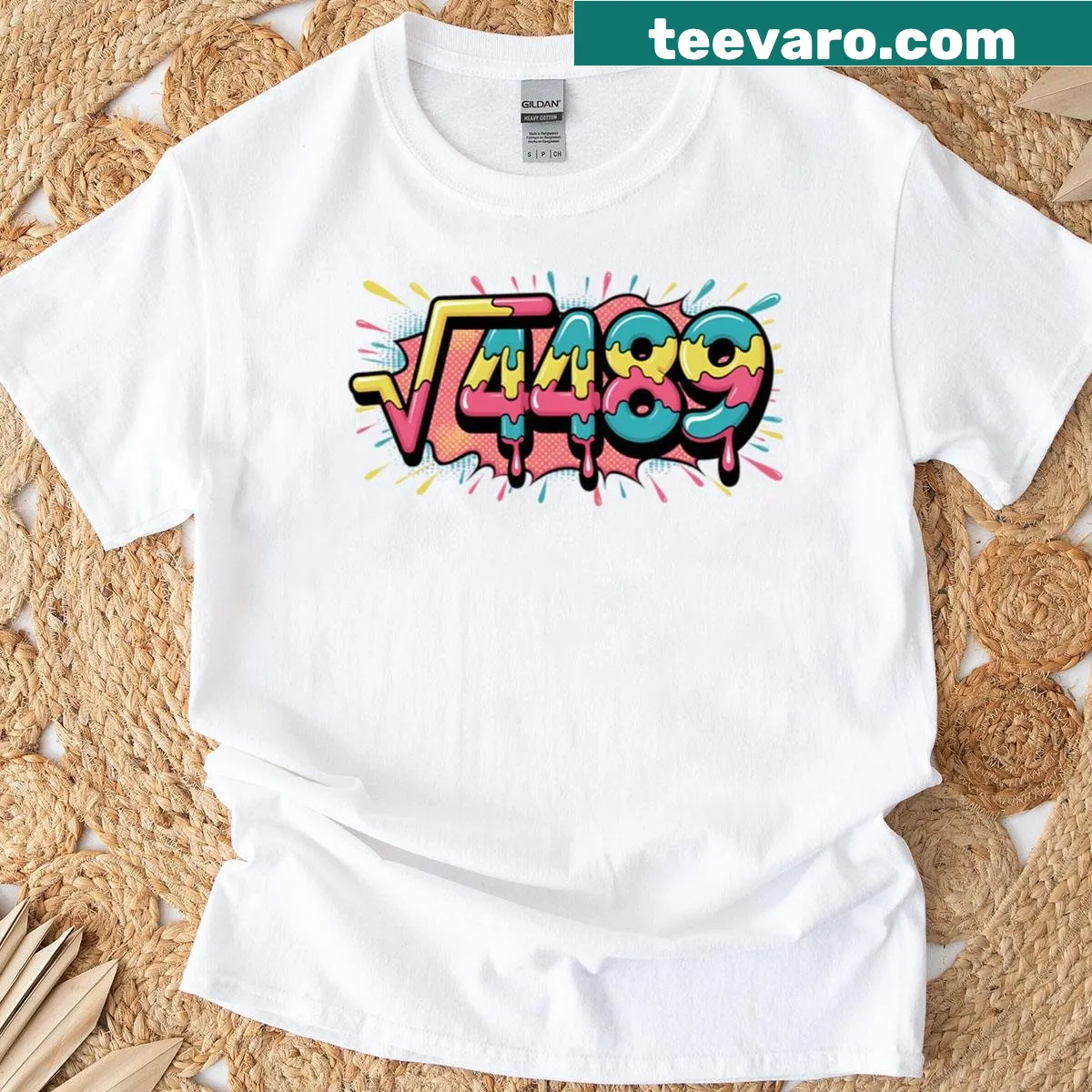 T-shirt featuring whimsical ice cream drip graphic and math reference — on a men's t-shirt