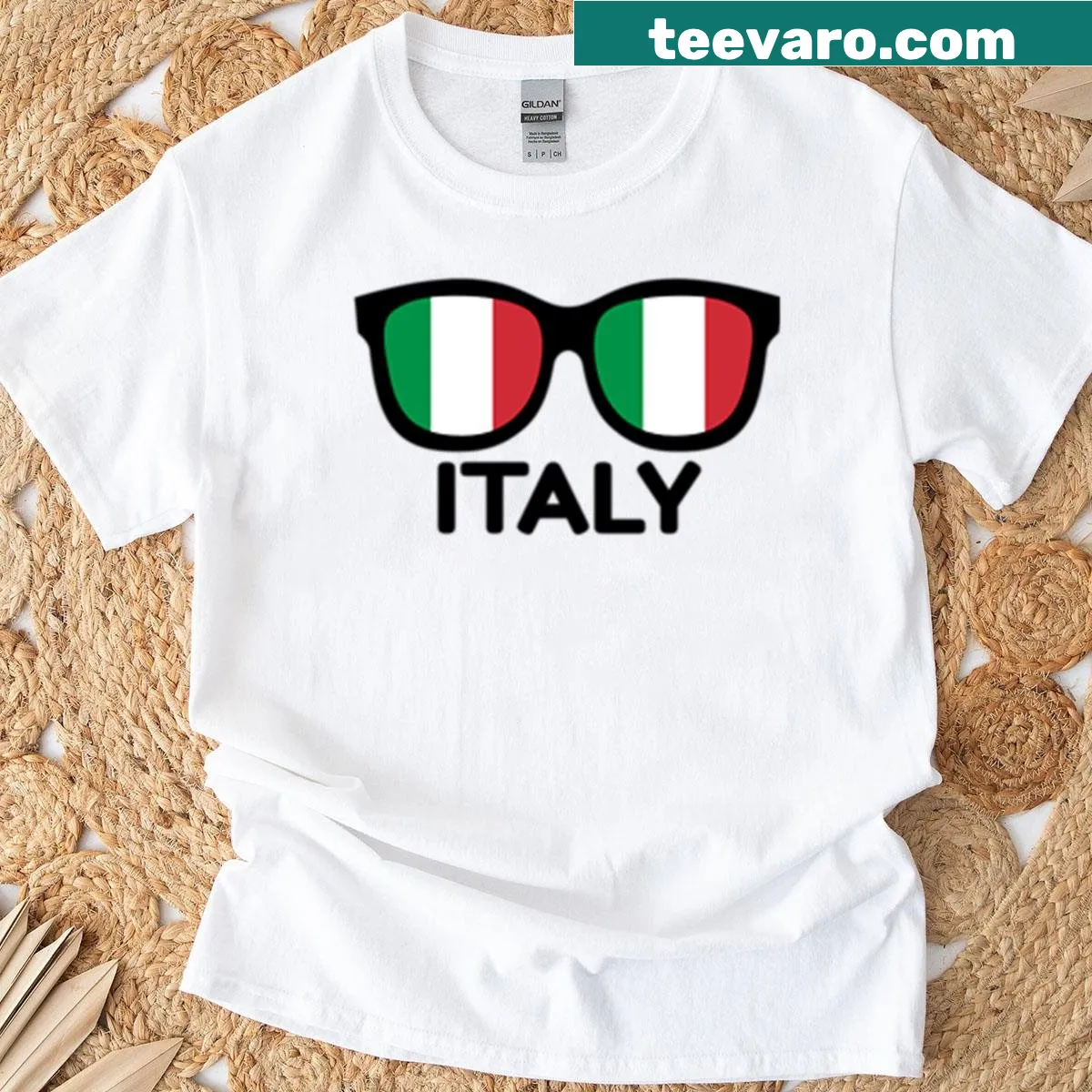 Italian flag sunglasses graphic on a t-shirt — on a men's t-shirt