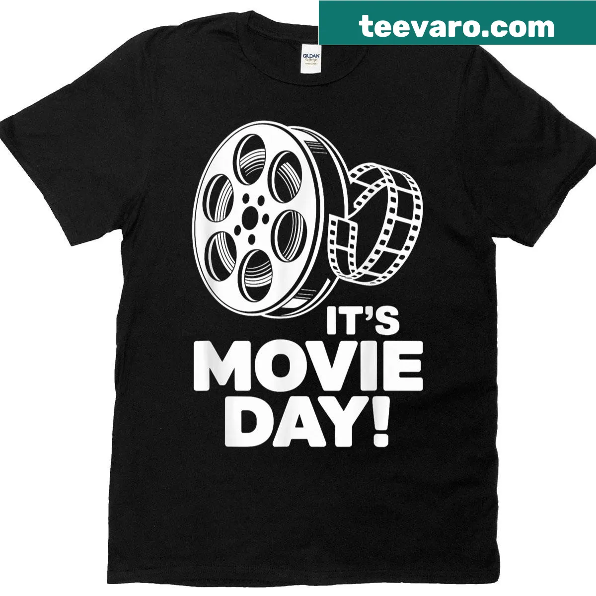 T-shirt with playful typography about movie day and popcorn — on a men's t-shirt