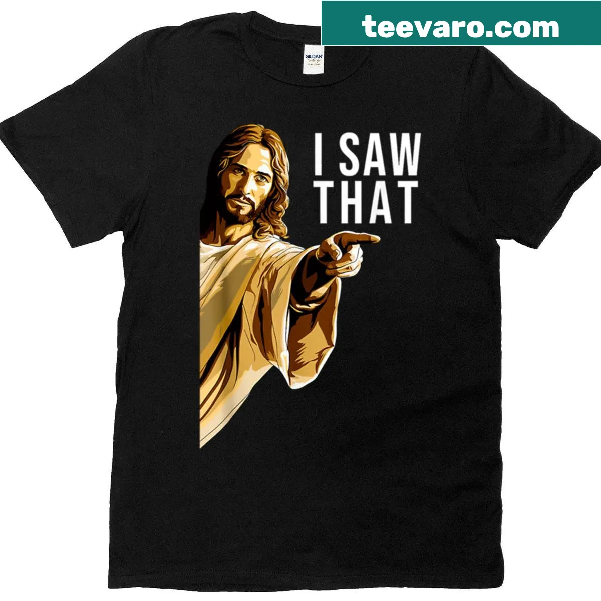 T-shirt featuring the phrase 'Jesus I Saw That' — on a men's t-shirt