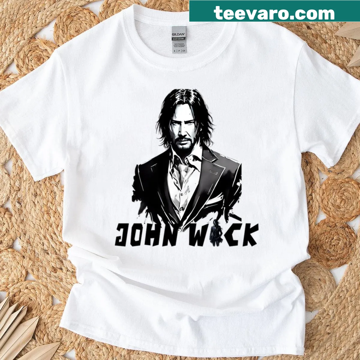 Illustrative T-shirt inspired by John Wick for fans — on a men's t-shirt