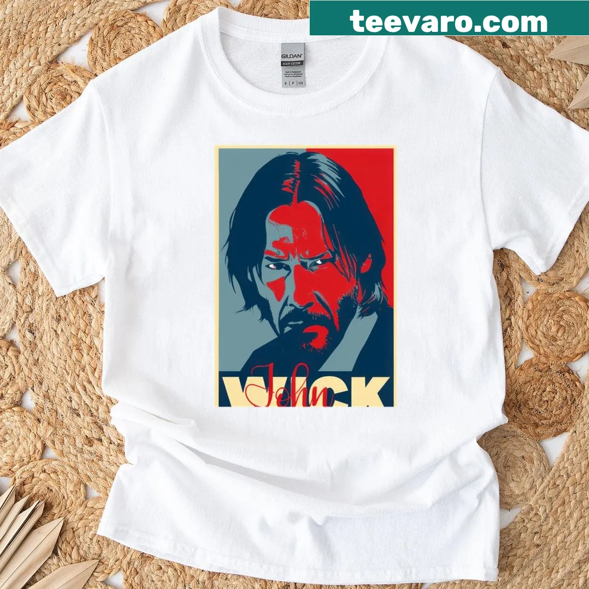 Pop-art T-shirt featuring John Wick inspired by Keanu Reeves — on a men's t-shirt