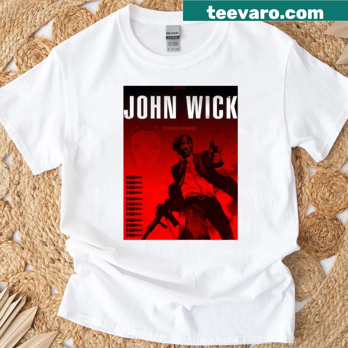 Minimalist artwork of John Wick on a stylish t-shirt. — on a men's t-shirt