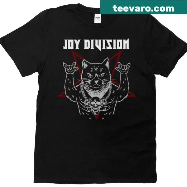 Cat-themed Joy Division design on a vintage-style t-shirt