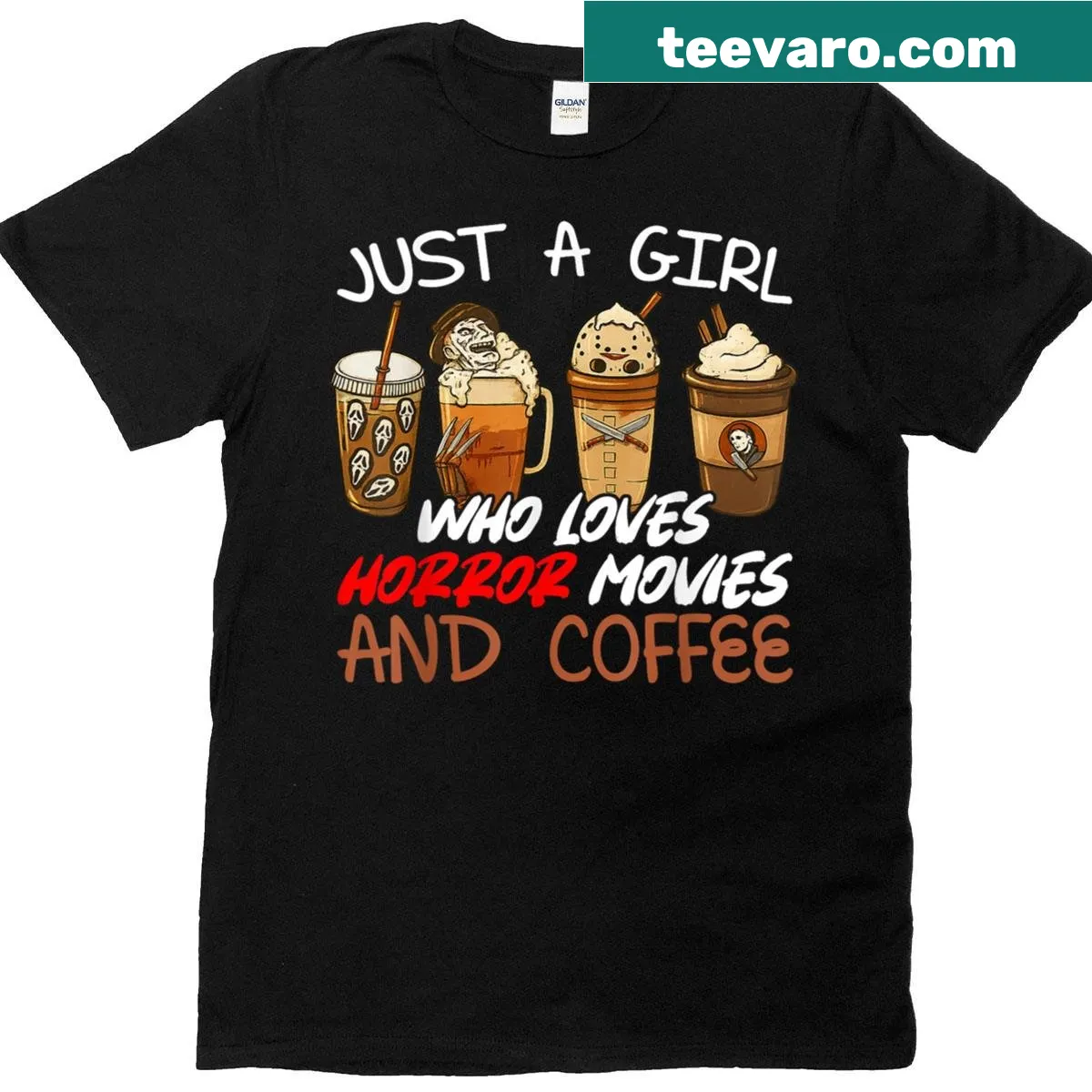 Cute T-shirt for horror movie fans featuring a girl who loves coffee — on a men's t-shirt
