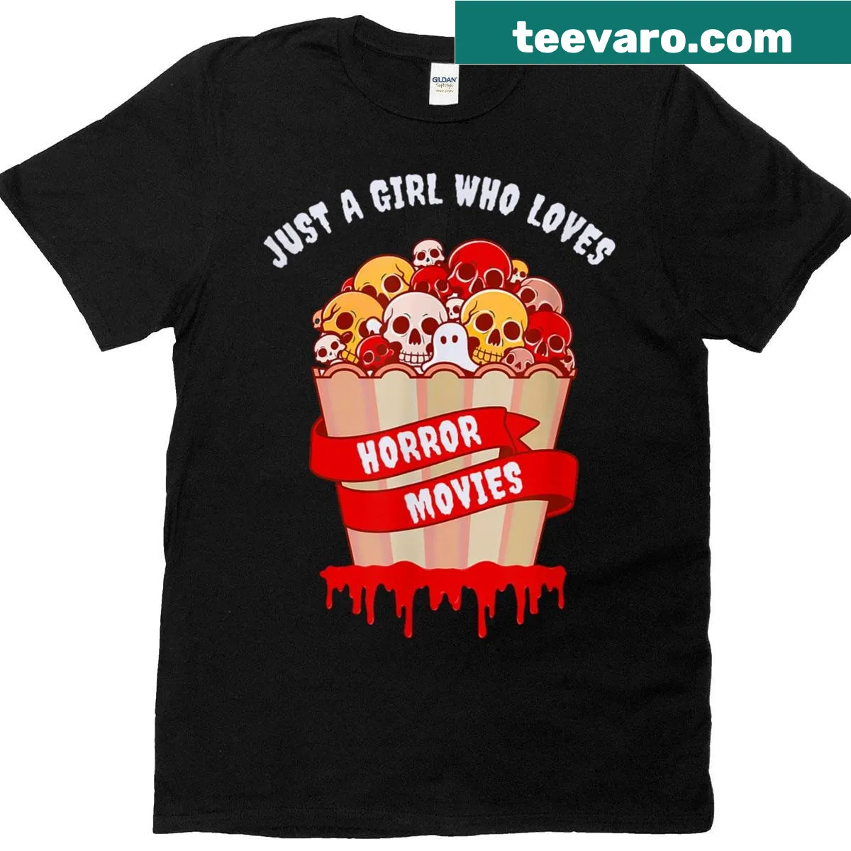 Graphic tee with skulls and film elements, showcasing a love for horror movies. — on a men's t-shirt