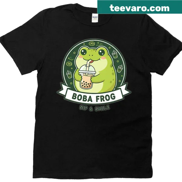 Cute chibi frog drinking bubble tea in cartoon style on a T-shirt