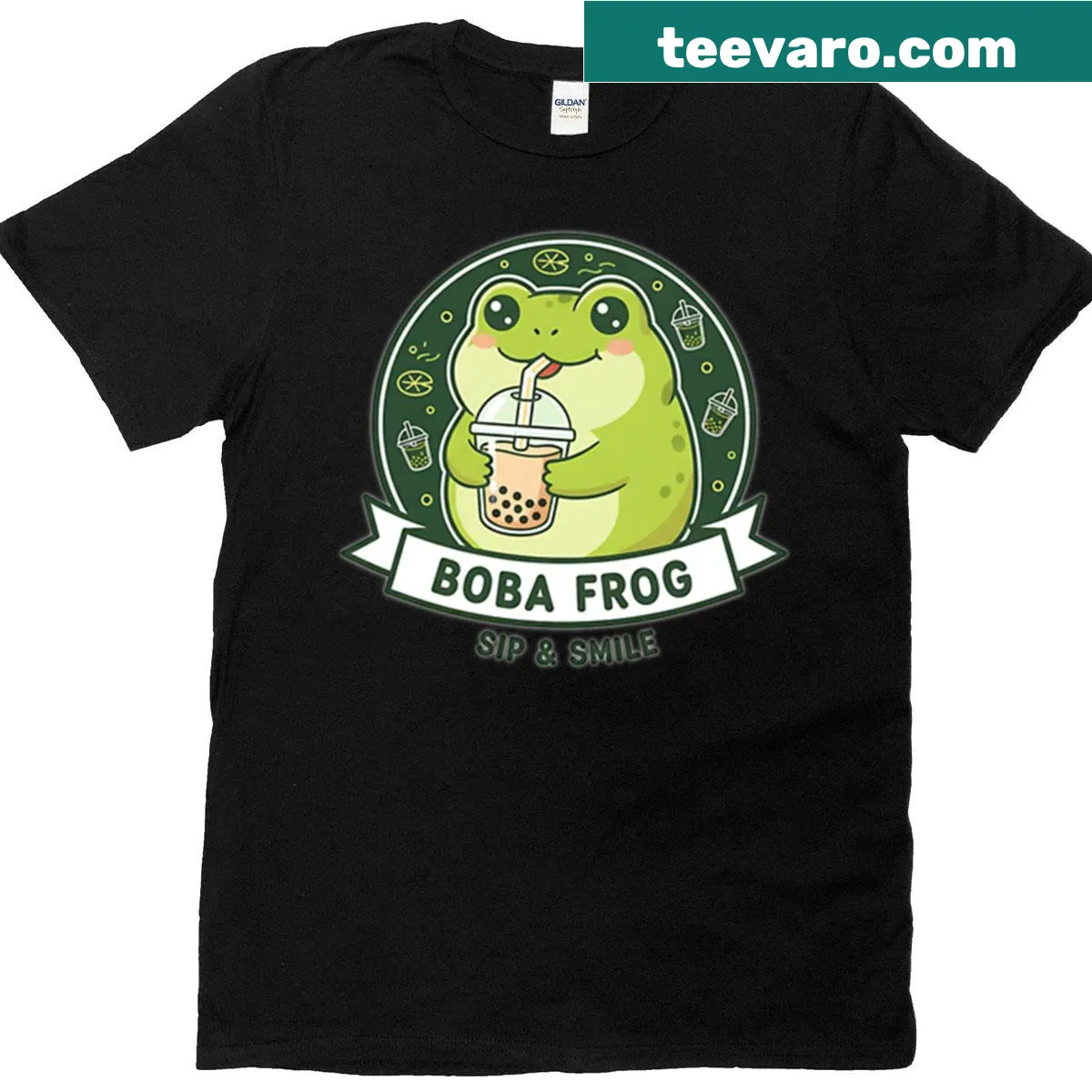 Cute chibi frog drinking bubble tea in cartoon style on a T-shirt — on a men's t-shirt