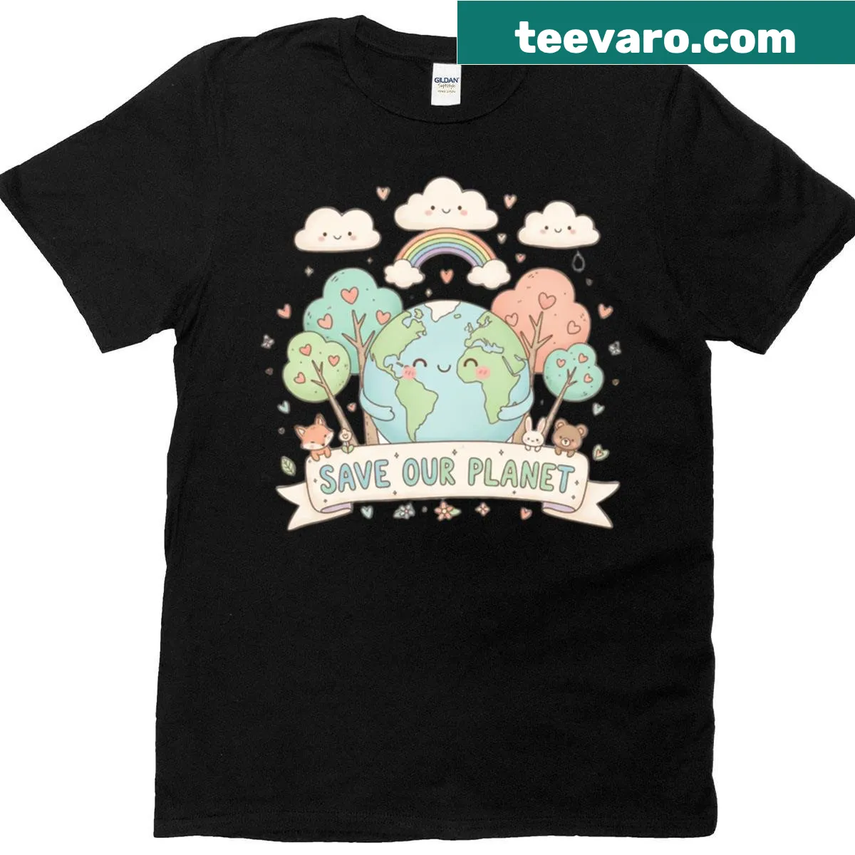 Kawaii T-shirt featuring Earth hugging trees in pastel colors — on a men's t-shirt