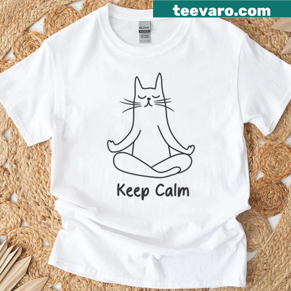 Keep Calm graphic t-shirt featuring a cat illustration. — on a men's t-shirt