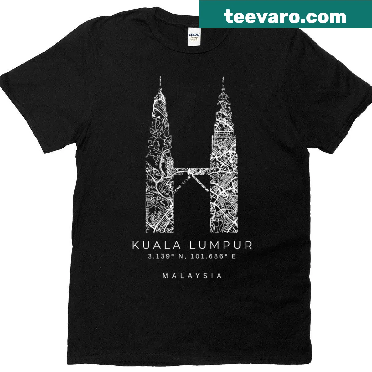 Minimalist city map of Kuala Lumpur featuring Petronas Twin Towers — on a men's t-shirt