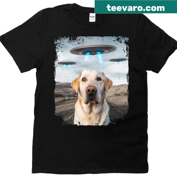 Illustrative t-shirt featuring a dog and aliens