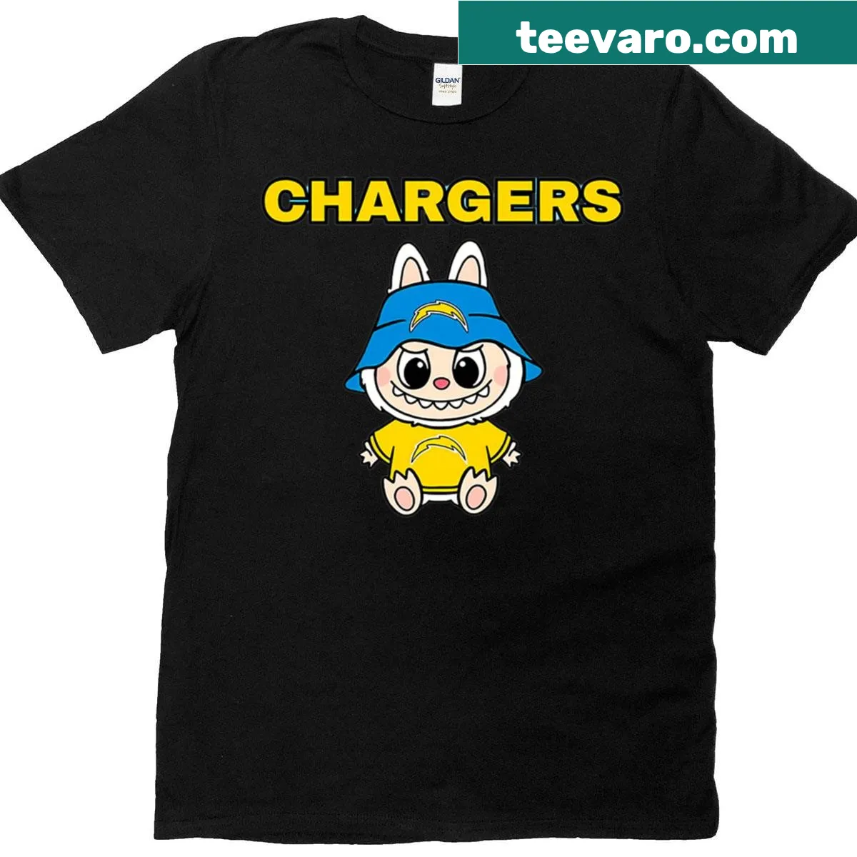 Bold Labubu Football Chargers graphic on an oversized t-shirt — on a men's t-shirt