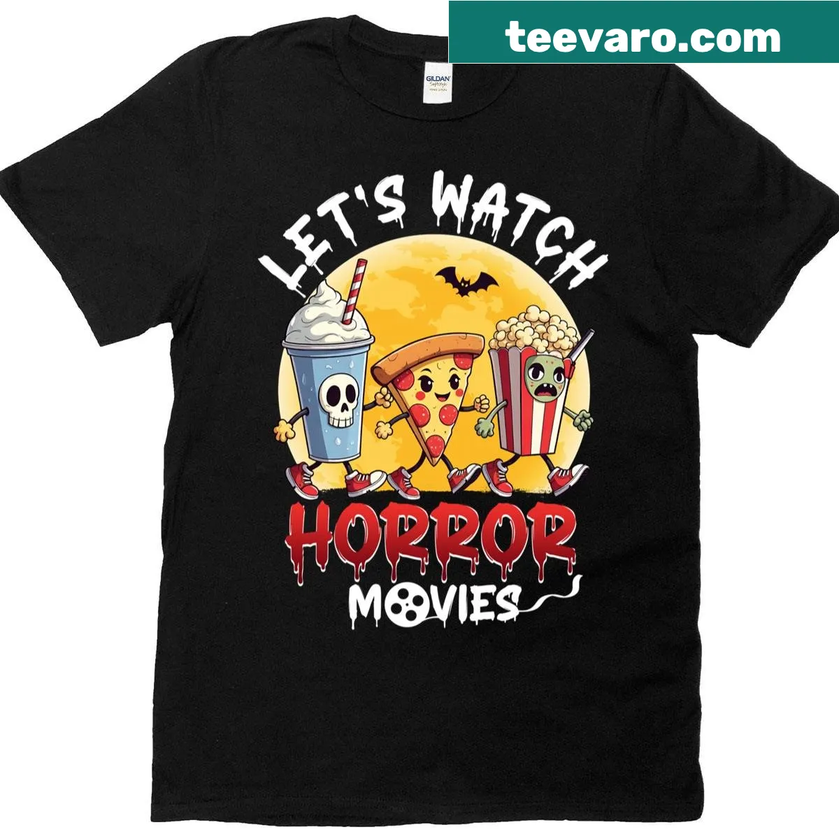 Funny Halloween t-shirt with pizza, soda, and popcorn illustrations — on a men's t-shirt