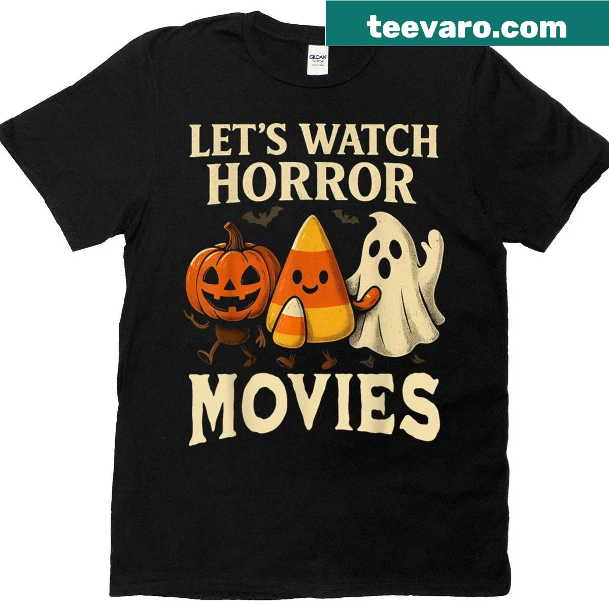 Halloween-themed T-shirt featuring playful design for horror movie lovers. — on a men's t-shirt