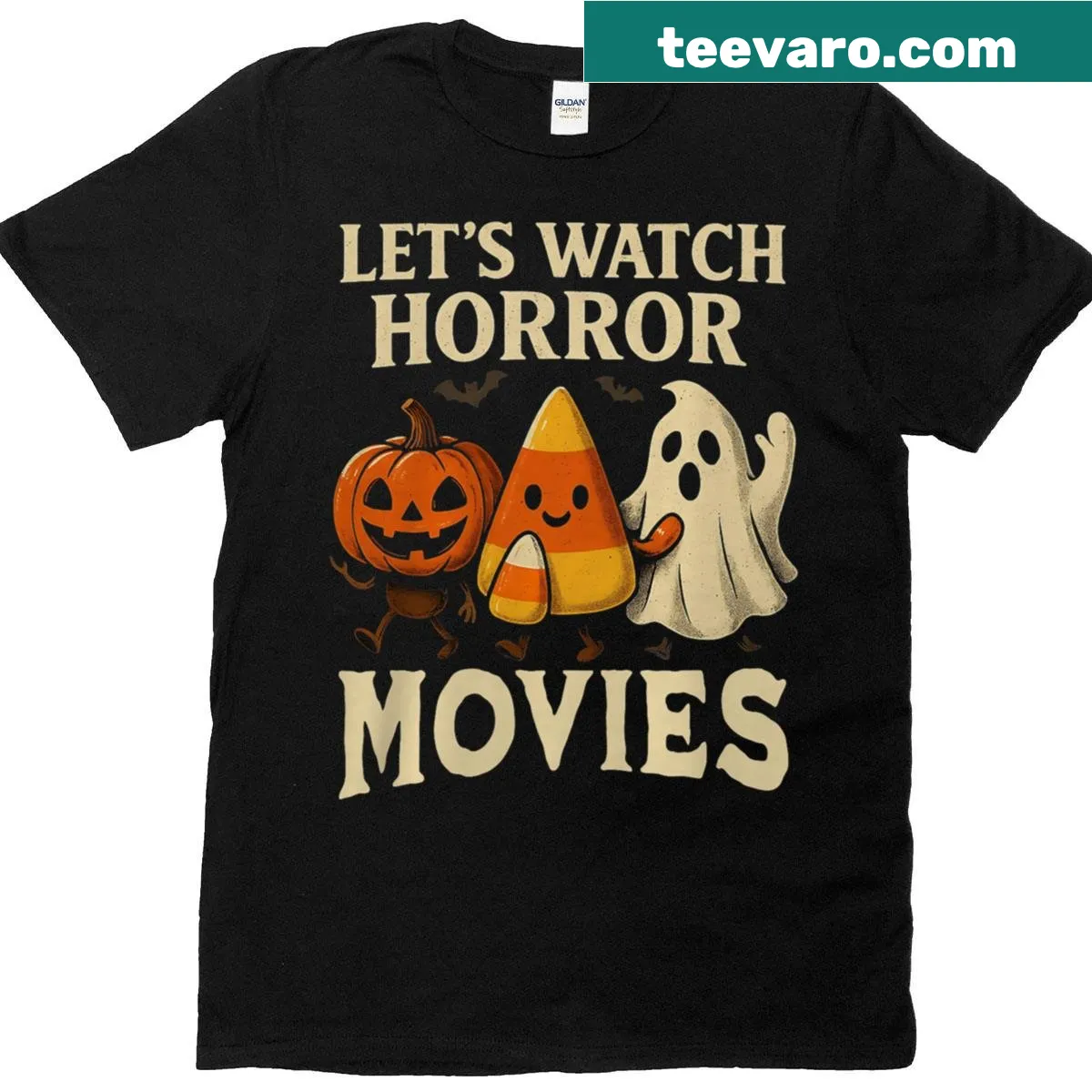 Fun t-shirt with a graphic inviting to watch horror movies, perfect for Halloween. — on a men's t-shirt