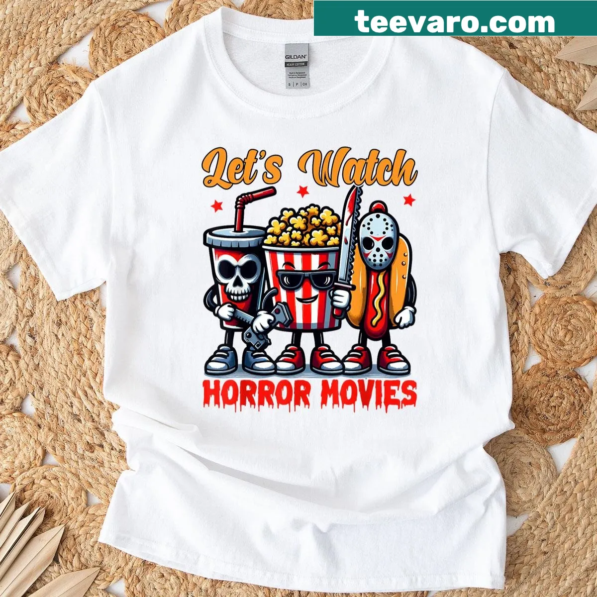 Shirt with playful horror movie theme text design — on a men's t-shirt